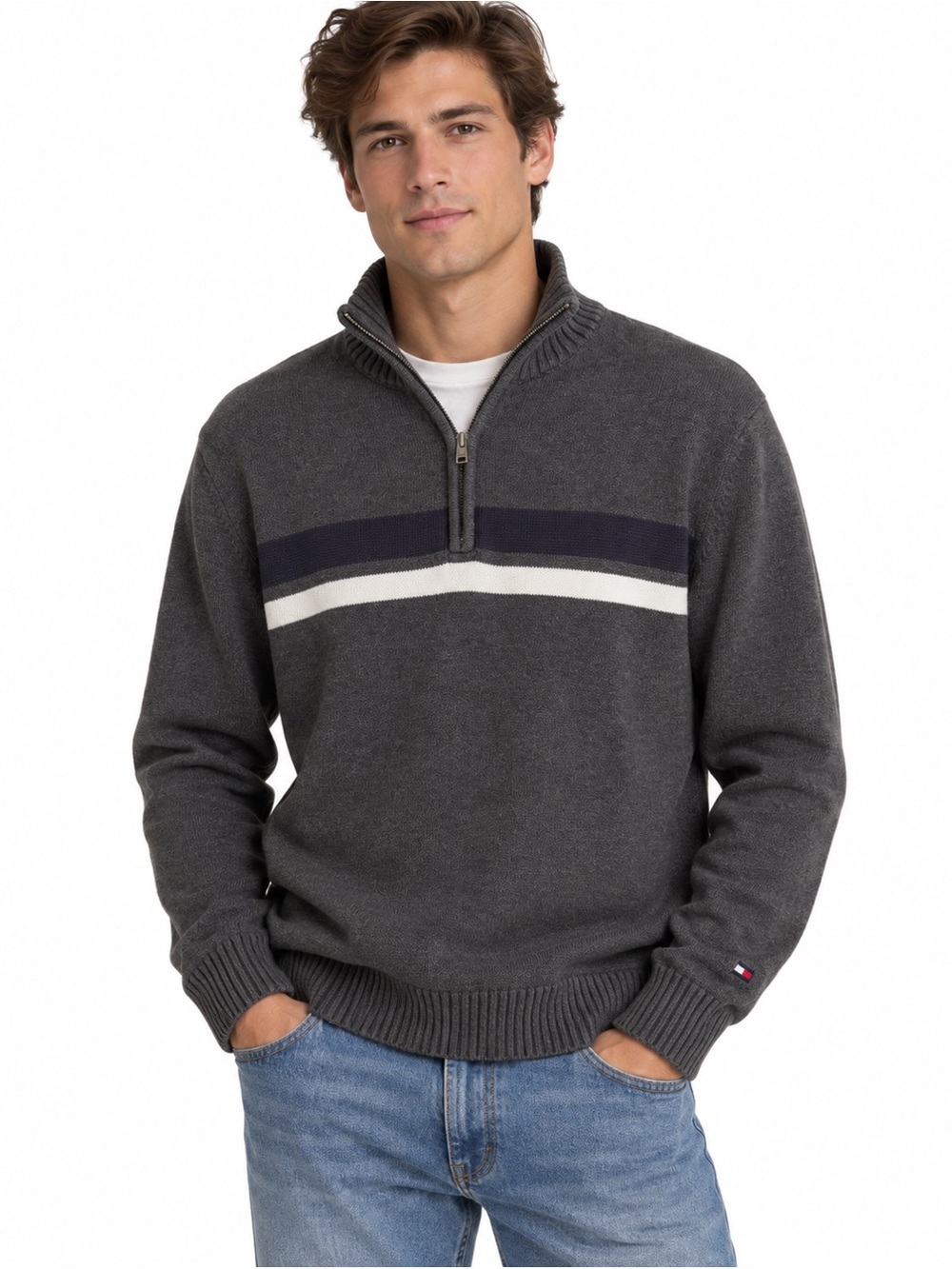 Tommy Hilfiger Men’s Large Gray Quarter Zip Cotton Sweater Striped